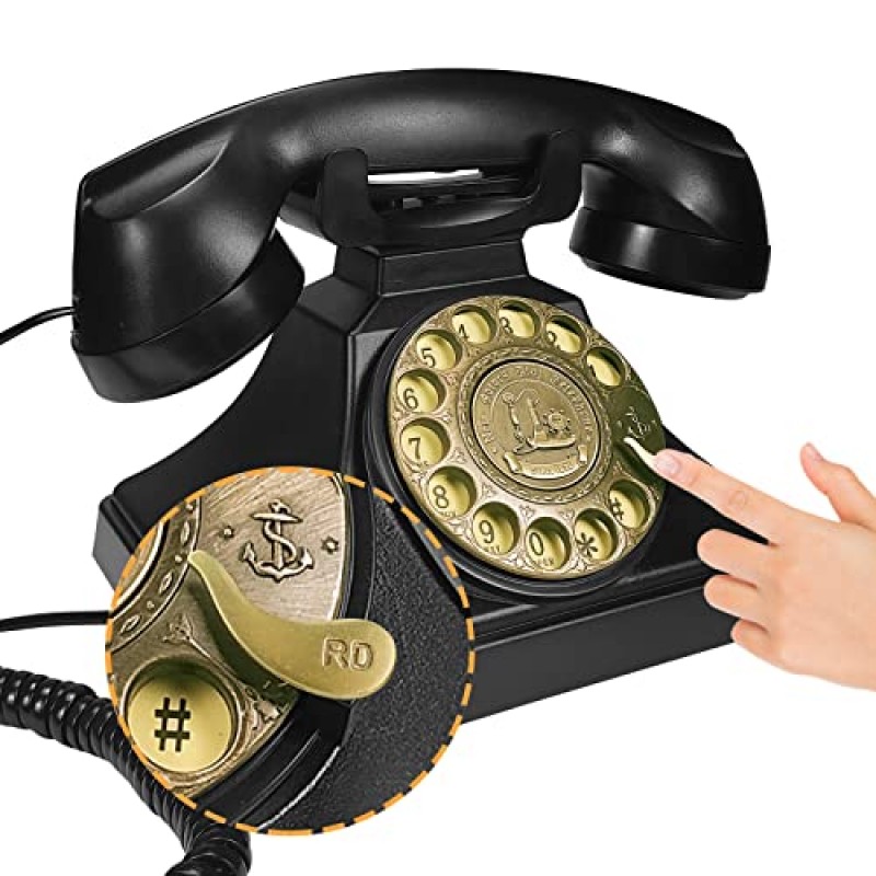IRISVO 로터리 다이얼 전화기 클래식 금속 벨이 있는 복고풍 구식 유선 전화기, 가정 및 장식용 스피커 및 재다이얼 기능이 있는 유선 전화기(클래식 블랙)