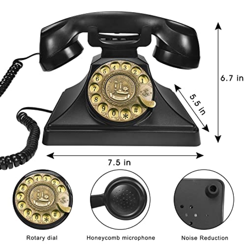 IRISVO 로터리 다이얼 전화기 클래식 금속 벨이 있는 복고풍 구식 유선 전화기, 가정 및 장식용 스피커 및 재다이얼 기능이 있는 유선 전화기(클래식 블랙)