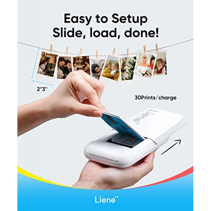 Liene 2x3” 포토 프린터, Zink 접착 포토 용지 5개가 포함된 미니 포토 프린터, Bluetooth 5.0, iOS 및 Android와 호환 가능, iPhone, 스마트폰, 펄 화이트용 휴대용 컬러 모노 인스턴트 포토 프린터