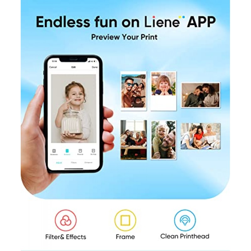Liene 2x3” 포토 프린터, Zink 접착 포토 용지 5개가 포함된 미니 포토 프린터, Bluetooth 5.0, iOS 및 Android와 호환 가능, iPhone, 스마트폰, 펄 화이트용 휴대용 컬러 모노 인스턴트 포토 프린터