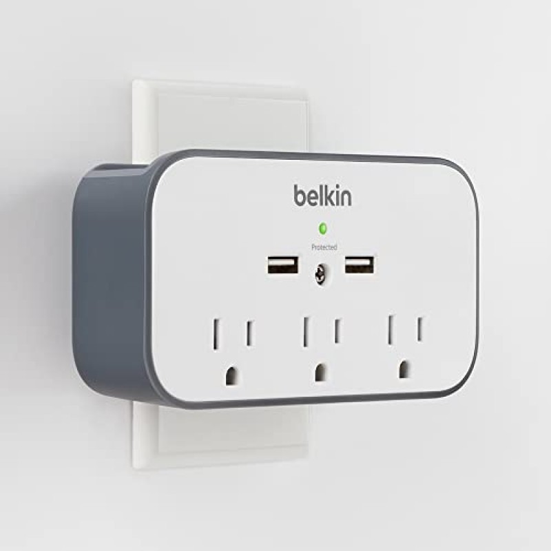 Belkin 벽걸이형 서지 보호기 - AC 다중 콘센트 연장기 3개 및 USB 포트 2개 - 가정, 사무실, 여행, 컴퓨터 데스크탑 및 충전용 평면 회전 플러그 벽걸이형 크래들(540줄) - 4팩
