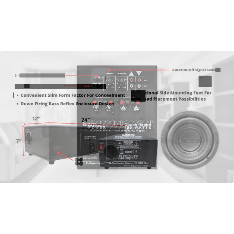 Earthquake Sound CP8 소파 포테이토 - 다운파이어링 베이스 리플렉스 인클로저 디자인을 갖춘 300W 피크 전력 8인치 슬림 홈 시어터 서브우퍼(블랙 라미네이트, 싱글)