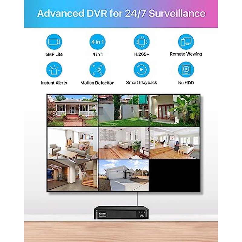 ZOSI H.265+ 전체 1080p 홈 보안 카메라 시스템 실외 실내, 5MP-Lite CCTV DVR 8채널 및 4 x 1080p(2MP) 주야간 투시 비바람에 견디는 감시 불릿 카메라, 모션 알림(HDD 없음)