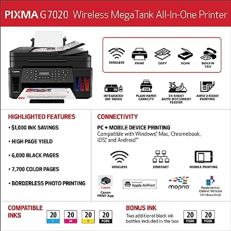 Canon G7020 올인원 프린터 홈 오피스 | 무선 슈퍼탱크(메가탱크) 프린터 | 복사기 | 스캔 | 모바일 인쇄 기능이 있는 팩스 및 ADF, 검정색, Alexa와 호환