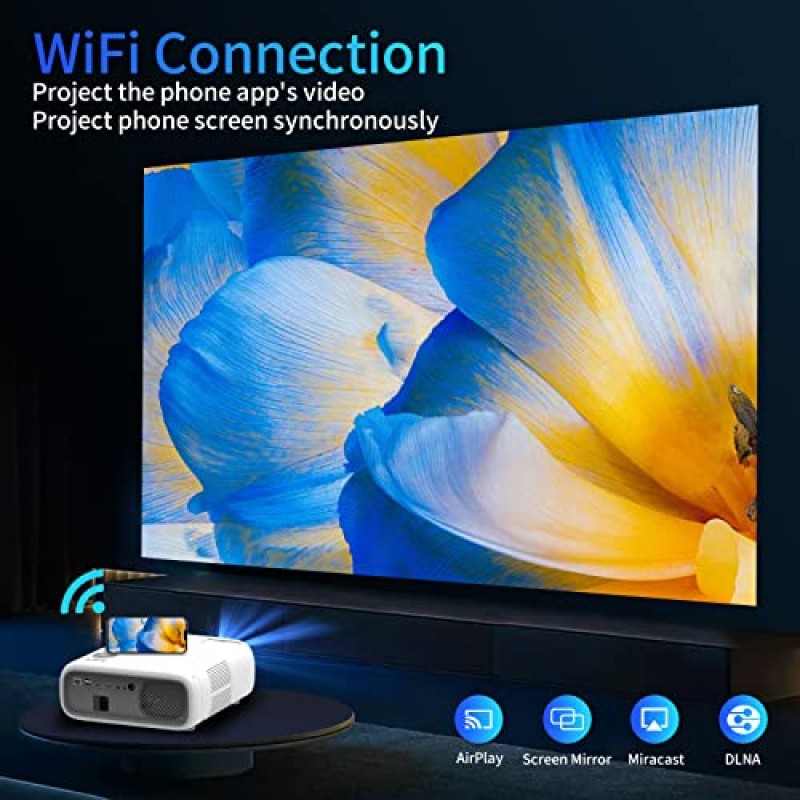 Wi-Fi 및 블루투스 기능을 갖춘 4K 프로젝터, 기본 1080P 야외 영화 프로젝터, 전화/PC/TV 스틱용 스마트 홈 프로젝터, 완전 밀봉 광학 엔진, 줌 가능, 20W 스피커, 500인치 디스플레이