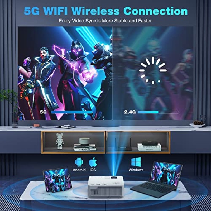 5G WiFi Bluetooth를 갖춘 네이티브 1080P 프로젝터(삼각대 포함), 14000L 4K 지원 홈 프로젝터, 최대 300인치 디스플레이를 갖춘 휴대용 야외 프로젝터, TV 스틱, HDMI, 휴대폰과 호환되는 영화 프로젝터