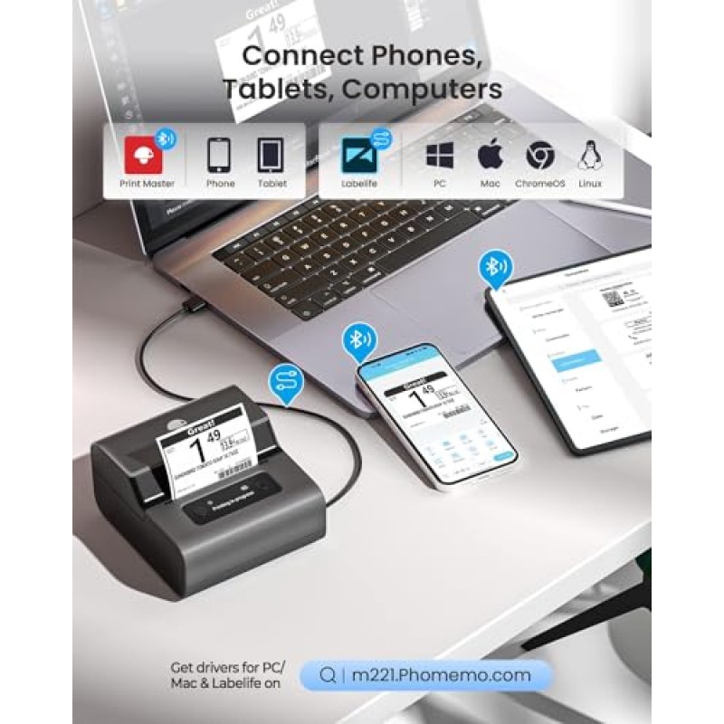 Phomemo [새로운 M221 라벨 프린터, 플래그십 3' Bluetooth 감열식 휴대용 라벨 제작기 - 주소, 바코드, 중소기업, 사무실, 가정용 전화용, PC/Mac, 3팩 가장 많이 사용되는 라벨 포함, 흑연 회색