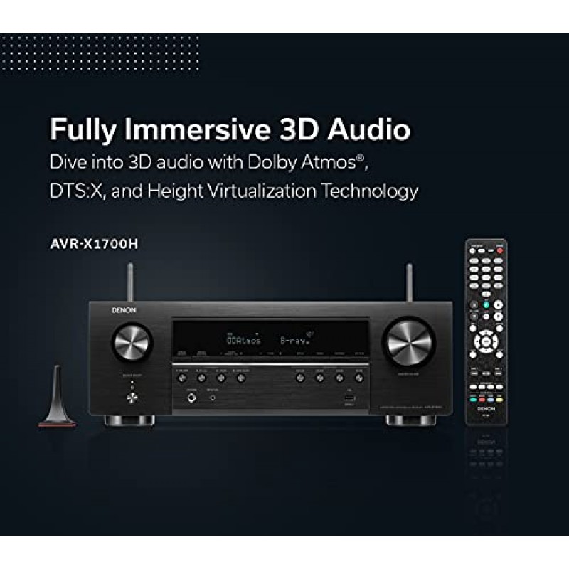 Denon AVR-X1700H 7.2채널 AV 수신기 - 80W/채널(2021 모델), 고급 8K HDMI 비디오(eARC 포함), Dolby Atmos, DTS:X, 내장 HEOS, Amazon Alexa 음성 제어(제조업체에서 단종)