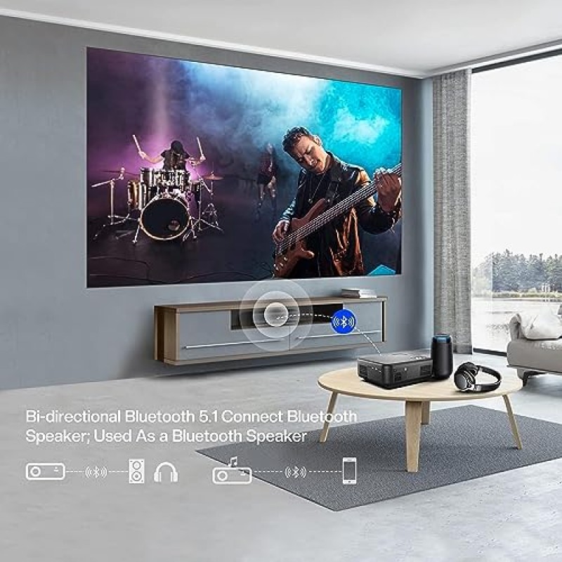 Wi-Fi 및 Bluetooth 기능이 있는 프로젝터, Tkisko 600ASIN 휴대용 야외 프로젝터, 기본 1080P 프로젝터 4K 지원, 실외용 영화 프로젝터, iOS/Android/PS4/TV 스틱과 호환되는 TV 프로젝터