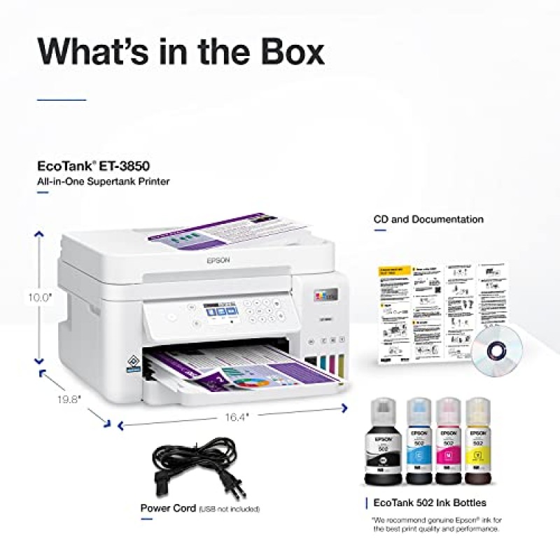 Epson EcoTank ET-3850 스캐너, 복사기, ADF 및 이더넷을 갖춘 무선 컬러 올인원 카트리지 없는 슈퍼탱크 프린터 – 완벽한 홈 오피스 프린터, 흰색
