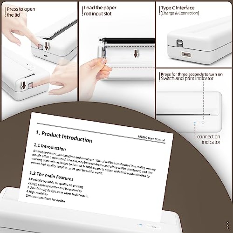 휴대용 프린터 무선 블루투스 연결, POOOLITECHxHPRT 감열식 무잉크 모바일 프린터, 여행용 홈 오피스 차량용 소형 프린터, 8.3