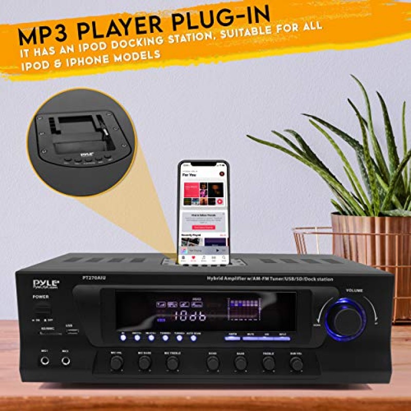 Pyle Home 300W 디지털 스테레오 수신기 시스템 - AM/FM Qtz. 튜너, USB/SD 카드 MP3 플레이어 및 서브우퍼 제어, A/B 스피커, 노래방이 포함된 iPhone MP3 입력, 케이블 및 리모컨 - PT270AIU