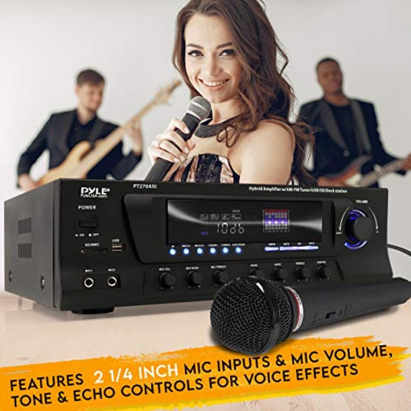 Pyle Home 300W 디지털 스테레오 수신기 시스템 - AM/FM Qtz. 튜너, USB/SD 카드 MP3 플레이어 및 서브우퍼 제어, A/B 스피커, 노래방이 포함된 iPhone MP3 입력, 케이블 및 리모컨 - PT270AIU