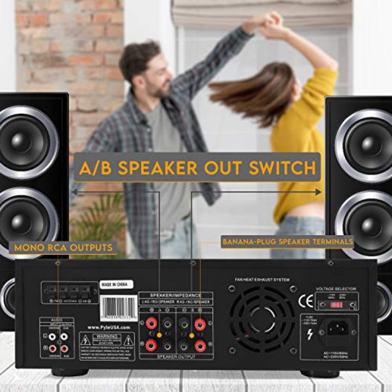 Pyle Home 300W 디지털 스테레오 수신기 시스템 - AM/FM Qtz. 튜너, USB/SD 카드 MP3 플레이어 및 서브우퍼 제어, A/B 스피커, 노래방이 포함된 iPhone MP3 입력, 케이블 및 리모컨 - PT270AIU