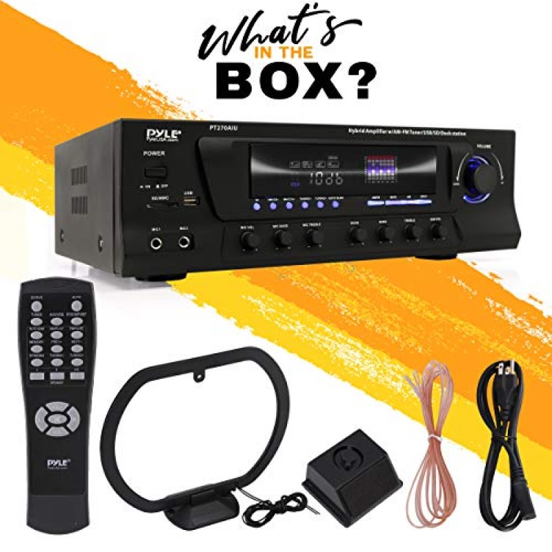 Pyle Home 300W 디지털 스테레오 수신기 시스템 - AM/FM Qtz. 튜너, USB/SD 카드 MP3 플레이어 및 서브우퍼 제어, A/B 스피커, 노래방이 포함된 iPhone MP3 입력, 케이블 및 리모컨 - PT270AIU