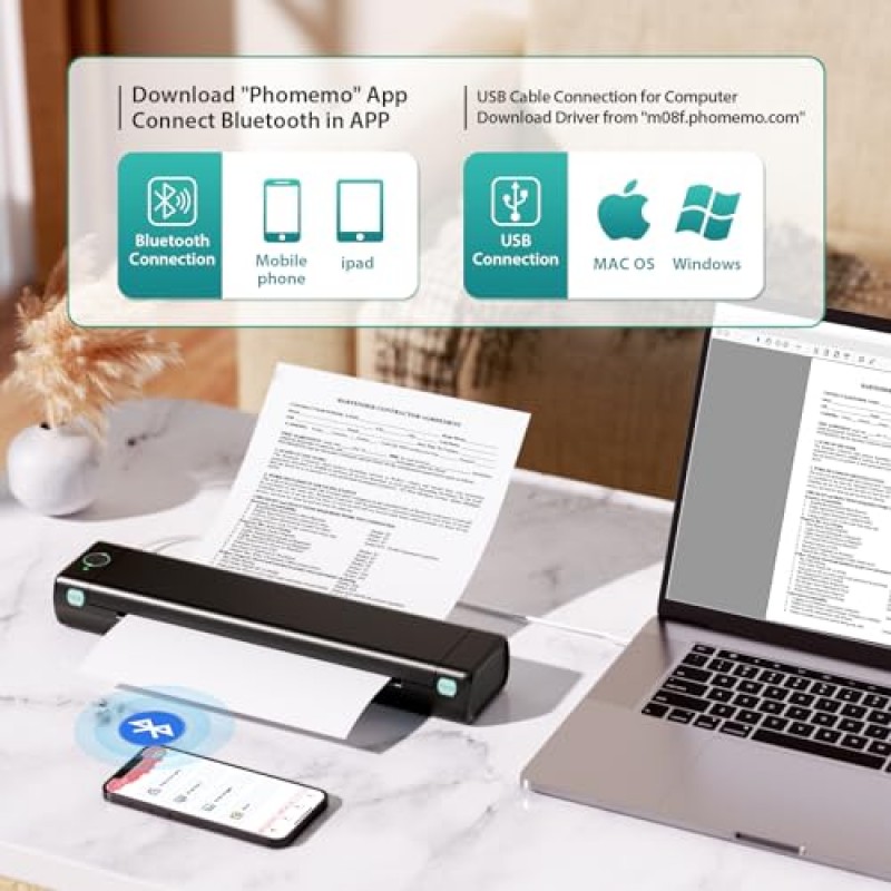 여행용 Phomemo 휴대용 ​​프린터 무선, 가정용 M08F 무잉크 프린터 Bluetooth 열전사 프린터 지원 8.5