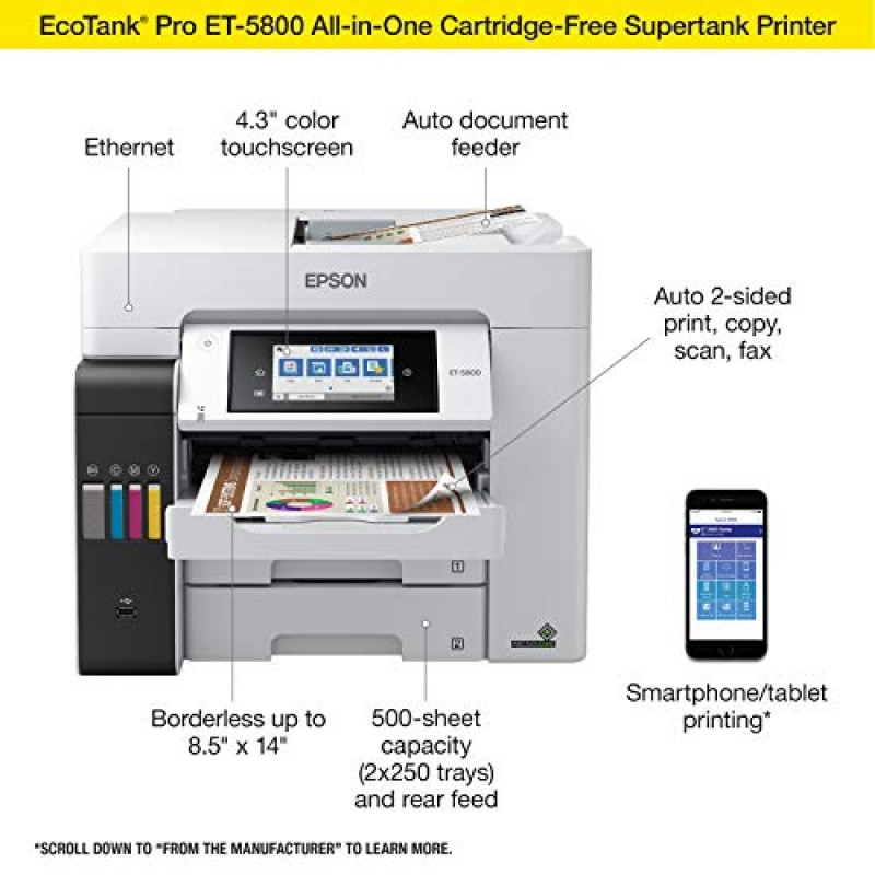 Epson EcoTank Pro ET-5800 무선 컬러 올인원 슈퍼탱크 프린터(스캐너, 복사기, 팩스, 이더넷 포함), 화이트