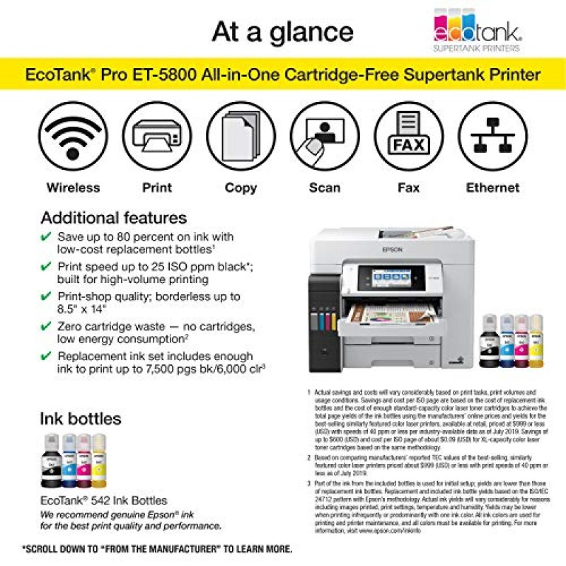 Epson EcoTank Pro ET-5800 무선 컬러 올인원 슈퍼탱크 프린터(스캐너, 복사기, 팩스, 이더넷 포함), 화이트