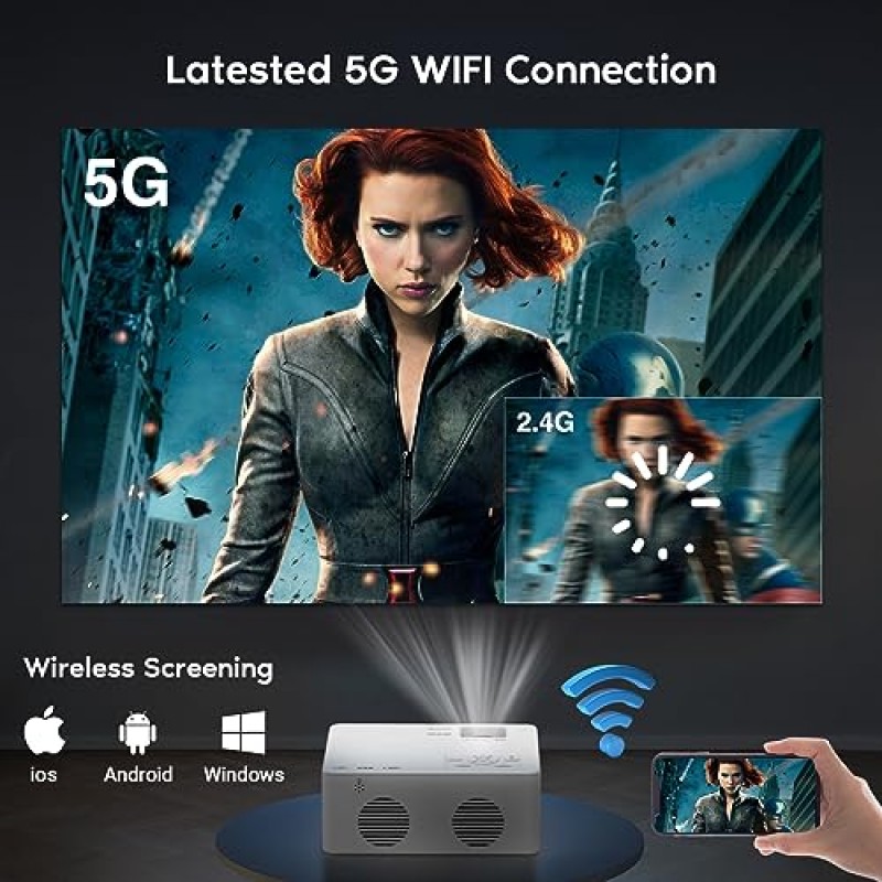 5G WiFi 및 Bluetooth(삼각대 포함)가 포함된 미니 프로젝터, 1080P 지원 10000Lm 야외 프로젝터, TV 스틱, iOS, Android, PS5, HDMI, USB와 호환되는 휴대용 영화 프로젝터