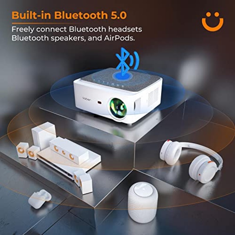 WiFi 및 Bluetooth가 포함된 프로젝터, 13000L 야외 영화 프로젝터 기본 1080P 5G WiFi 4K 지원, YABER V6 휴대용 홈 시어터 프로젝터, 300인치 디스플레이 4P 키스톤 50% 줌 휴대폰과 호환 가능