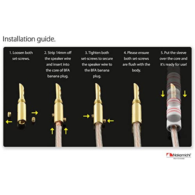 Nakamichi Excel 시리즈 24k 금도금 바나나 플러그 12-18 AWG 스피커 증폭기용 게이지 크기 4mm Hi-Fi AV 스테레오 홈 시어터 오디오 와이어 케이블 나사 커넥터 2개(1쌍), BFA 바나나 플러그