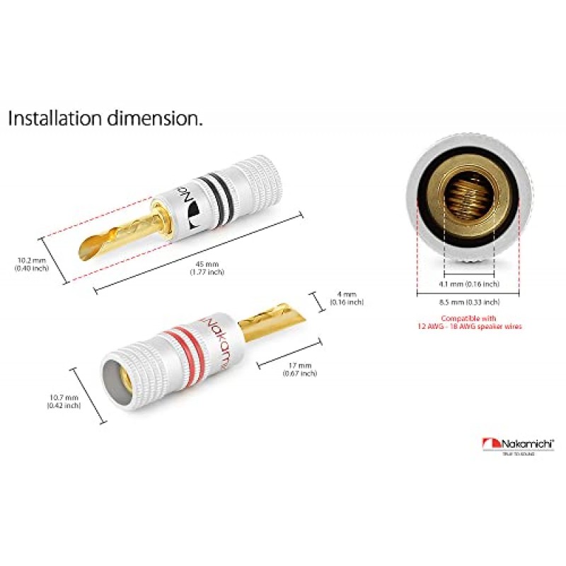 Nakamichi Excel 시리즈 24k 금도금 바나나 플러그 12-18 AWG 스피커 증폭기용 게이지 크기 4mm Hi-Fi AV 스테레오 홈 시어터 오디오 와이어 케이블 나사 커넥터 2개(1쌍), BFA 바나나 플러그