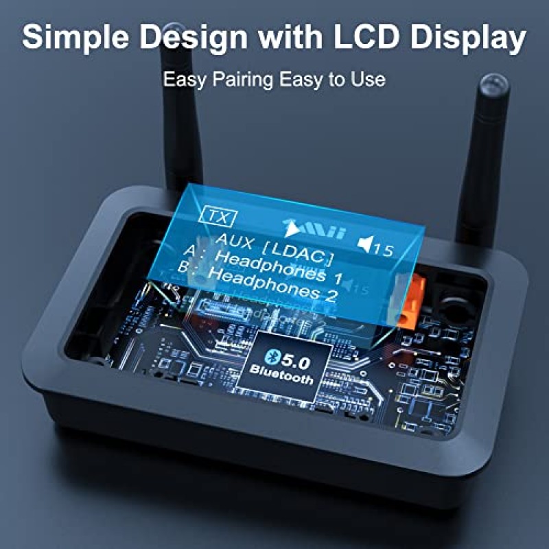 1Mii B03Pro+ Bluetooth 5.0 송신기 수신기 TV 홈 스테레오용 인증 LDAC, 화면이 있는 장거리 Bluetooth 확장기 무선 오디오 어댑터, 광학 RCA AUX 3.5mm 출력/입력