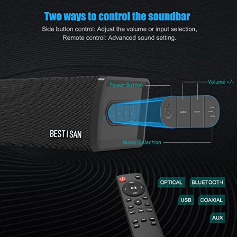 사운드바 Bestisan TV 사운드바 유선 및 무선 Bluetooth 5.0 스피커, 80W 사운드바 TV용 홈 오디오 시스템, 24인치, 벽걸이, 고음/저음 조절 가능, 광학/보조 USB/동축 케이블