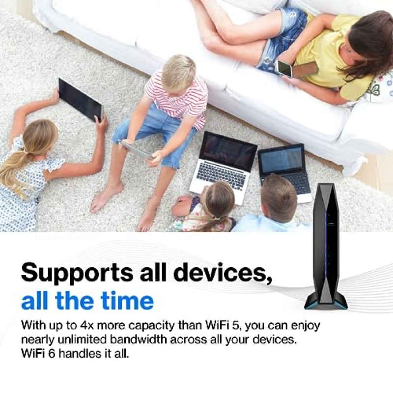 Linksys E8450 AX3200 WiFi 6 라우터: 듀얼 밴드 무선 홈 네트워크, 4기가비트 이더넷 포트, 자녀 보호 기능, 3.2Gbps, 2,500평방피트, 25개 장치
