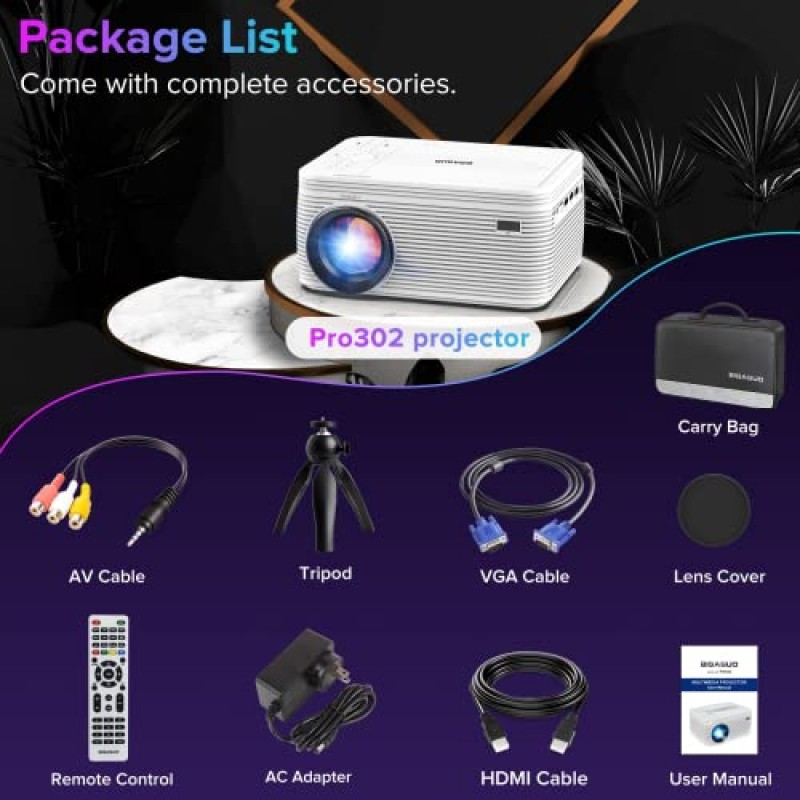 BIGASUO HD 9000L Bluetooth 프로젝터 내장 DVD 플레이어, 미니 프로젝터 1080P 및 250인치 삼각대/휴대용 가방 지원, TV 스틱과 호환되는 프로젝터, PS5, 노트북, 휴대용 야외 영화 프로젝터