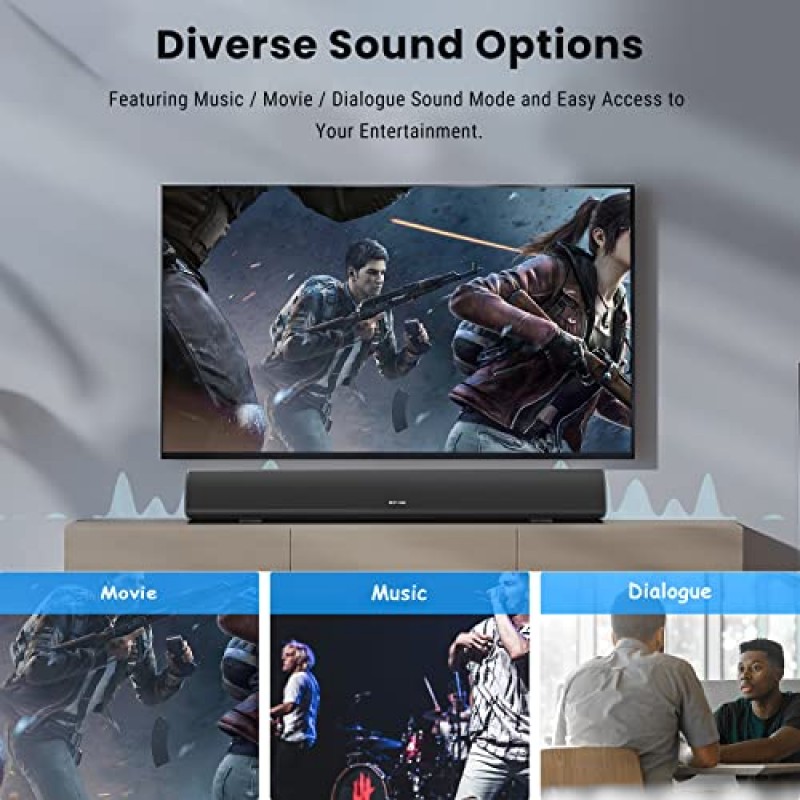 사운드 바, HDMI-ARC 기능을 갖춘 Bestisan 80W 홈 시어터 사운드바 시스템, 유무선 Bluetooth 5.0 오디오 스피커(고음/저음 조절 가능, 34인치, 벽 장착 가능)
