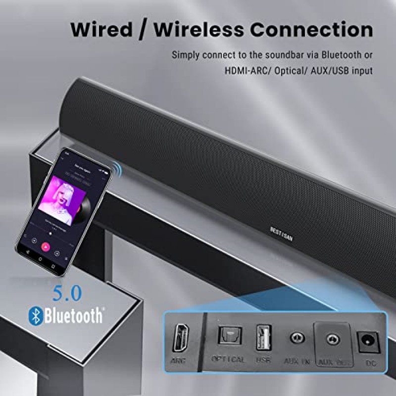 사운드 바, HDMI-ARC 기능을 갖춘 Bestisan 80W 홈 시어터 사운드바 시스템, 유무선 Bluetooth 5.0 오디오 스피커(고음/저음 조절 가능, 34인치, 벽 장착 가능)