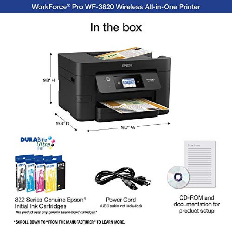 Epson® Workforce® Pro WF-3820 무선 컬러 잉크젯 복합기 프린터, 블랙 대형