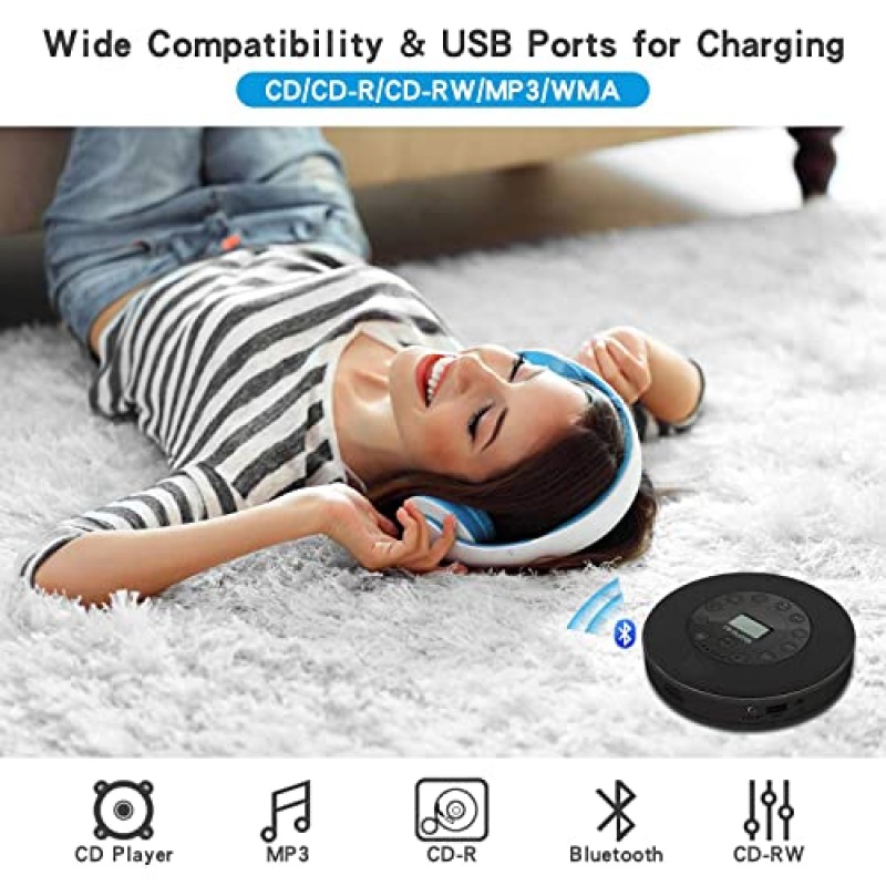 Rechargeable Portable Bluetooth CD Player, Portable,Compact Music Lukasa CD Disc Player for Car/Travel, Home Audio Boombox with Stereo Speaker & LCD Display,Support CD USB AUX Input,2000mAh