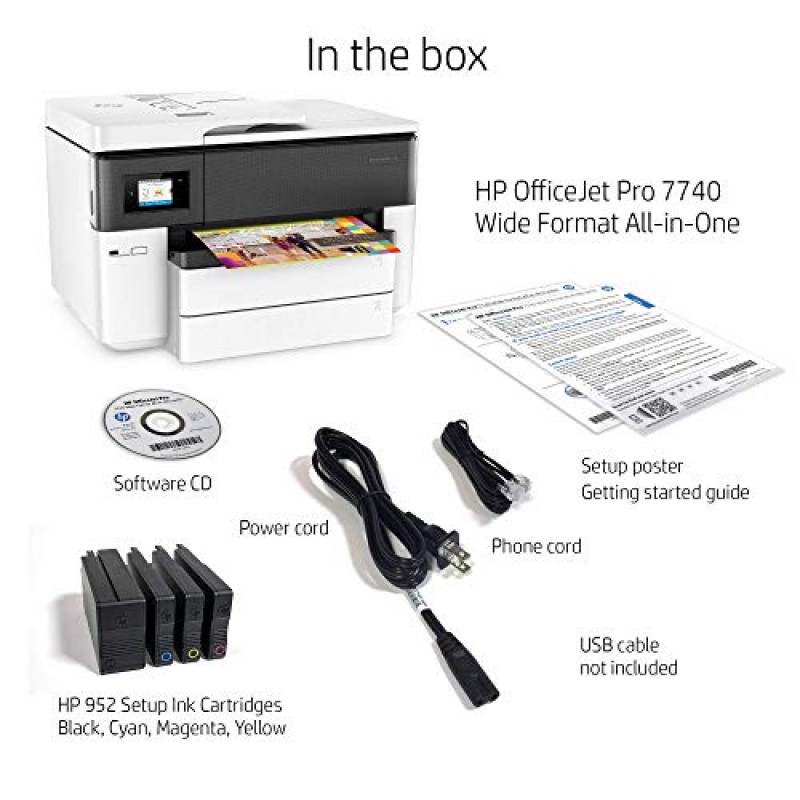 HP OfficeJet Pro 7740 와이드 포맷 올인원 컬러 프린터(무선 인쇄 포함), Alexa(G5J38A)와 작동, 흰색/검은색