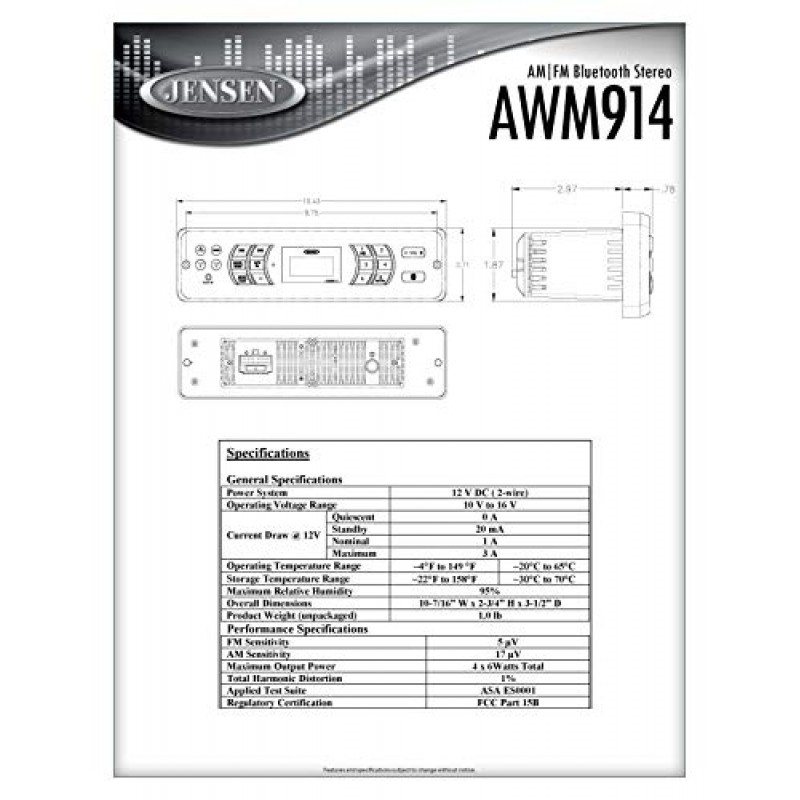 Jensen AWM914 모바일 오디오 시스템, 채널 출력당 4 x 6와트, 백라이트 컨트롤 및 디스플레이, 전자 AM/FM 튜너(미국만 해당), 시간/알람 시계, 전면 Aux 오디오 입력, 4 스피커 출력(갱신)