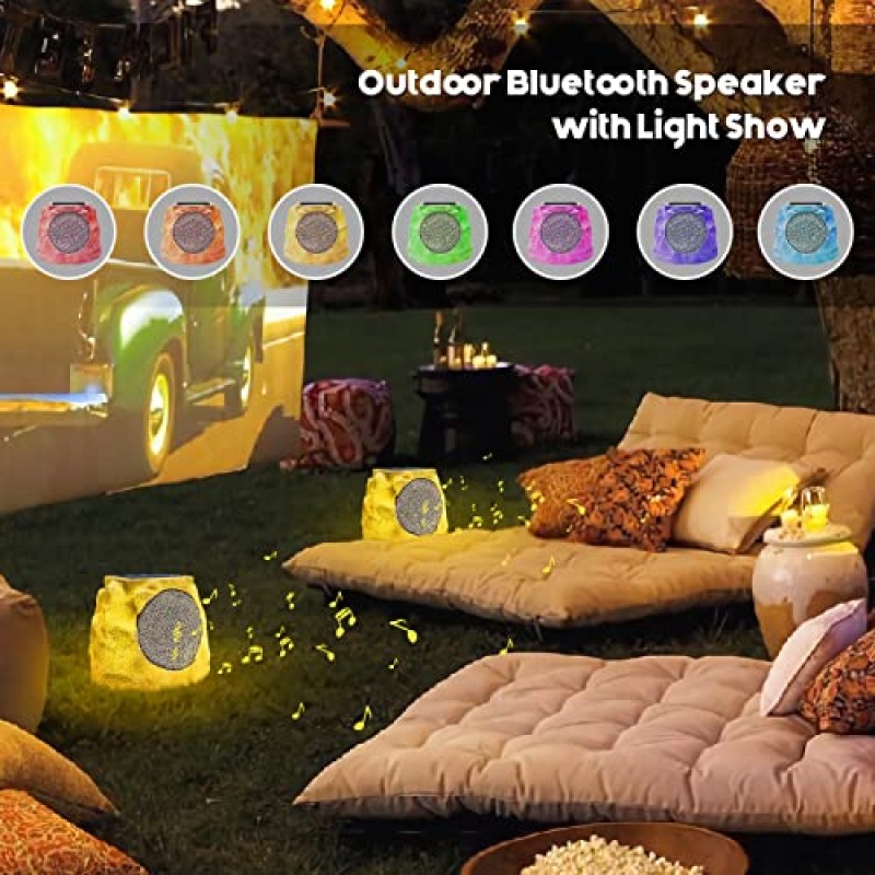Postlucky Rock Speakers 야외 방수 무선 블루투스 태양열 전원 야외 록 스피커 충전식 배터리 블루투스 록 스피커(파티오 파티 풀 가든 - 2PC용 7가지 밝은 색상 포함)