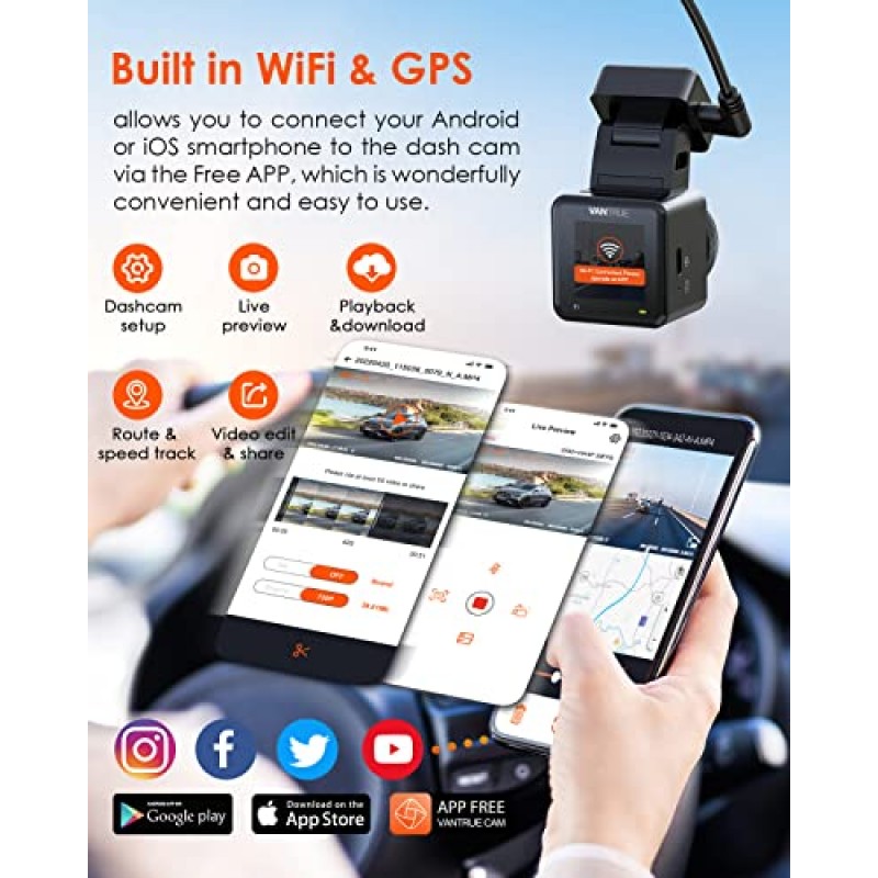 Vantrue E1 2.7K WiFi 미니 대시 캠(GPS 및 속도 포함), 음성 제어 전면 차량 대시 카메라, 24시간 주차 모드, 나이트 비전, 버퍼 동작 감지, APP, 무선 컨트롤러, 최대 512GB 지원