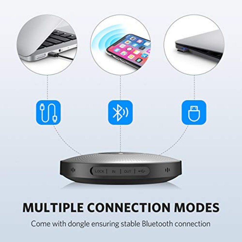EMEET Bluetooth 스피커폰 M2 회색 회의 스피커, 홈 오피스용 아이디어 360° 음성 픽업 AI 에코 및 소음 제거 마이크 4개, Skype USB 스피커폰 최대 8명용 AUX 입력/출력