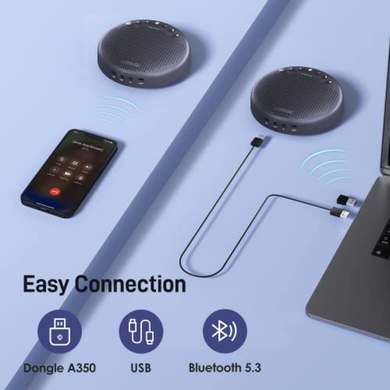 EMEET 회의 스피커 및 마이크 Luna Plus, 마이크 8개, 360° 음성 픽업, 소음 감소, USB C/블루투스 5.3, 10인용 블루투스 스피커폰, 18인용 데이지 체인 포함, 주요 플랫폼과 호환 가능