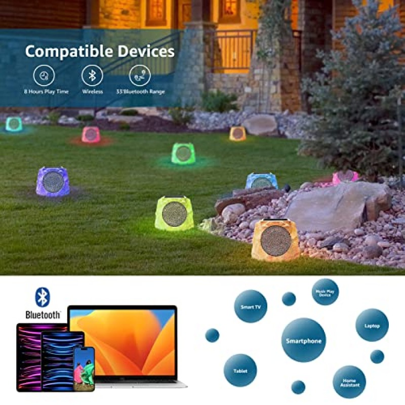 Postlucky Rock Speakers 야외 방수 태양열 전원 무선 Bluetooth 야외 록 스피커(RGB 색상 멀티 유닛 포함) 수영장 파티오 데크 정원 및 가정용 충전식 배터리 연결