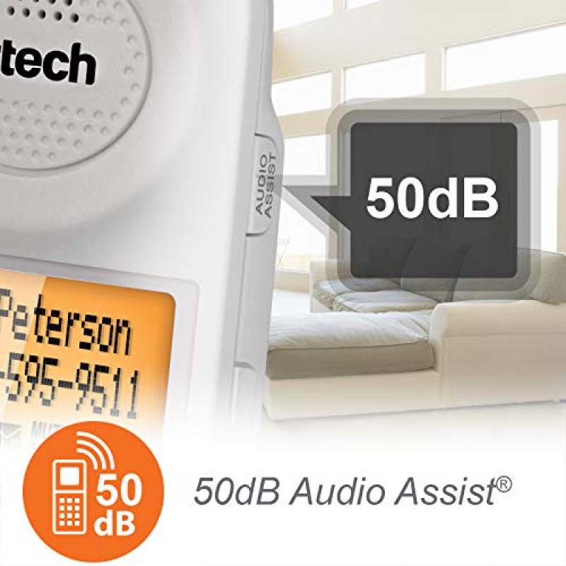 VTech SN5147 자동 응답기, 통화 차단, 90dB 초고음 시각적 벨소리 장치, 최대 50dB 핸드셋의 원터치 오디오 지원 기능을 갖춘 증폭된 유선/무선 노인 전화기, 흰색