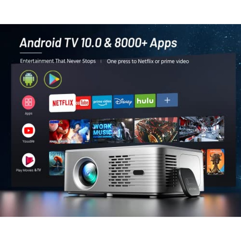 4K 지원 Android TV 10.0 프로젝터 5G WiFi Bluetooth 네이티브 1080P, CIBEST 완전 밀폐형 광학 엔진 홈 영화 FHD 프로젝터(Netflix/프라임 비디오 내장, 8000개 이상의 앱, 자동 초점, 스테레오 사운드 포함)