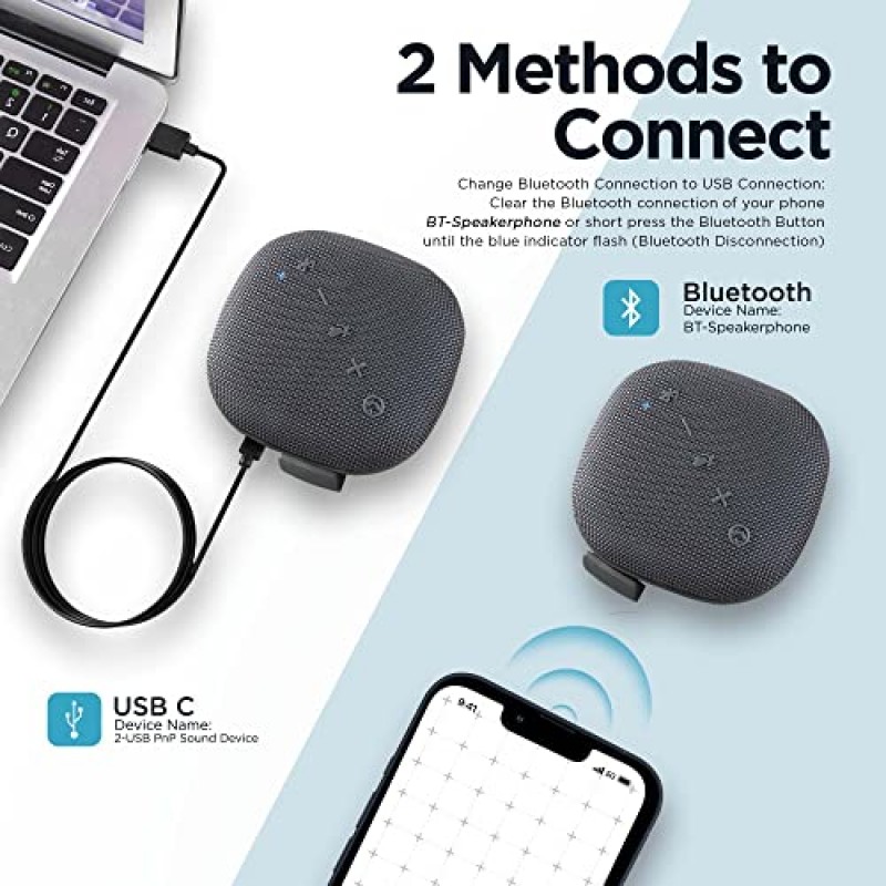 팀 및 줌용 마이크가 포함된 Derico Bluetooth 회의 스피커 | 시끄러운 & HiFi 휴대용 USB 스피커폰 | 소음 제거 및 360°전방향 회의실 마이크 및 스피커