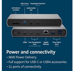 Kensington SD5780T Windows 및 MacBook용 96W 전원 공급 및 SD 카드 리더기, HDMI 및 Thunderbolt 4 포트를 갖춘 Thunderbolt 4 듀얼 4K 도킹 스테이션(K33040NA)