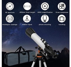 성인 천문학용 ABOTEC 망원경, 어린이 및 초보자를 위한 90mm 조리개 800mm 굴절 망원경, (32X-400X) 휴대용 가방 및 휴대폰 마운트 및 무선 제어 기능이 있는 다중 코팅 고투과 망원경