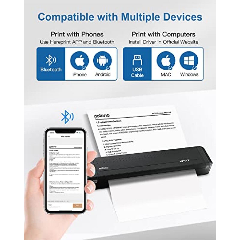 휴대용 프린터, POLONO MT800 2.0 무선 Bluetooth 열전사 프린터, 8.5