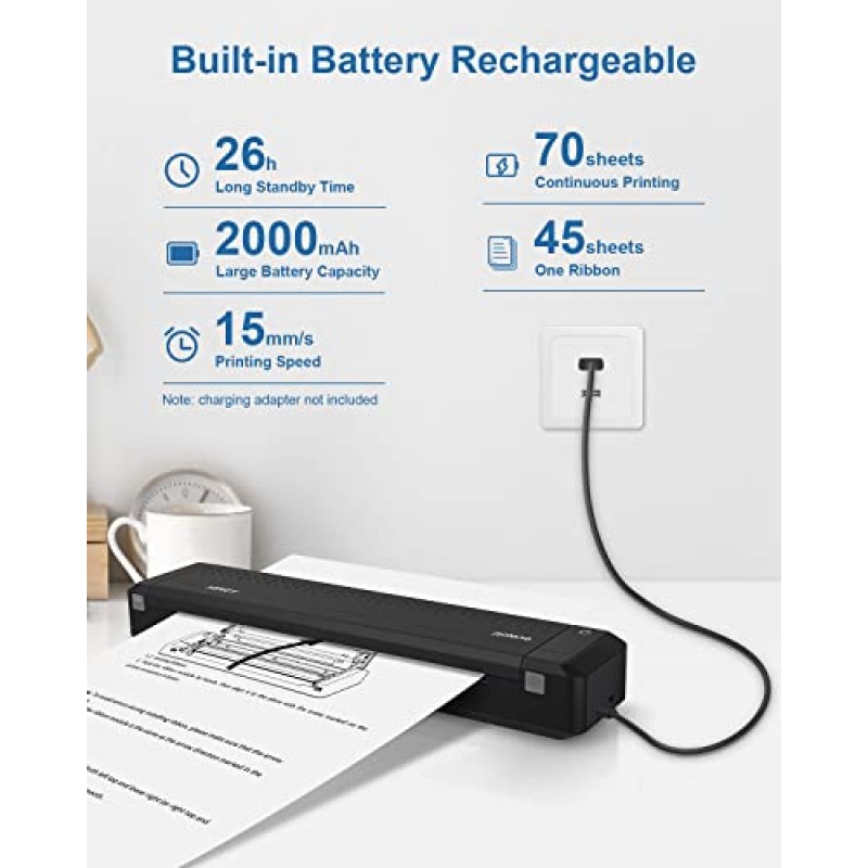 휴대용 프린터, POLONO MT800 2.0 무선 Bluetooth 열전사 프린터, 8.5