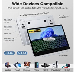 FEZOBR 터치스크린 1080P 휴대용 모니터, 98키 키보드 15.6인치 220Nits Windows10 포인트 IPS 100% SRGB 16.7M 디스플레이 색상 USB-C HDMI 및 3스피커 360° 회전 스탠드, 노트북용 외부 모니터