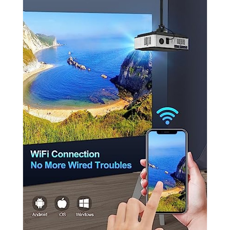 Wi-Fi 및 Bluetooth를 갖춘 1080P 프로젝터, 줌 기능을 갖춘 HD 야외 영화 프로젝터, 4P 키스톤, 게임용 iPhone/Android/Fire TV 스틱/PS4/HDMI/USB용 스트리밍 앱을 갖춘 홈 시어터 스마트 프로젝터